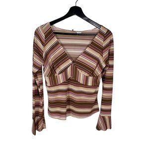 Vintage 90s Brown Purple Stripe Bias But Long Sleeve Short Waist Top Large